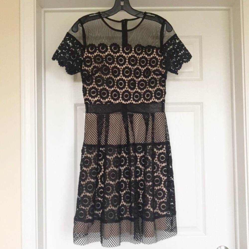NWOT Lace and Mesh Short Sleeve Flare Dress Sz Med